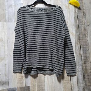 Eileen Fisher Grey and Black Stripe Linen Wool Blend Oversized Knit Sweater